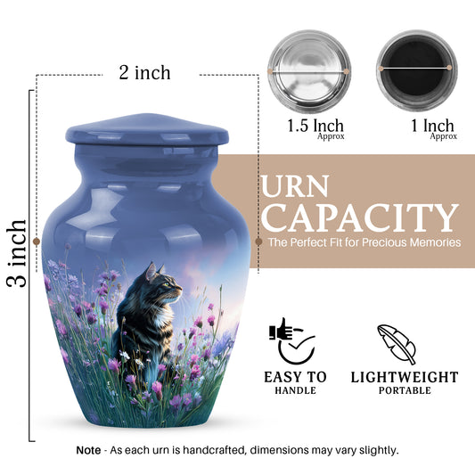 Sky Blue Cat Cremation Urn close-up of engraving and surface detail - timeless cat motif etched into premium metal - mini keepsake memorial for portion of cremation ashes