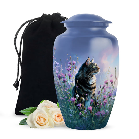 Royal Blue Cat Cremation Urn angled view of lid and engraved motif - traditional cat engraving with hand-polished finish - full-size 10 inch 200 cubic inch adult cremation urn