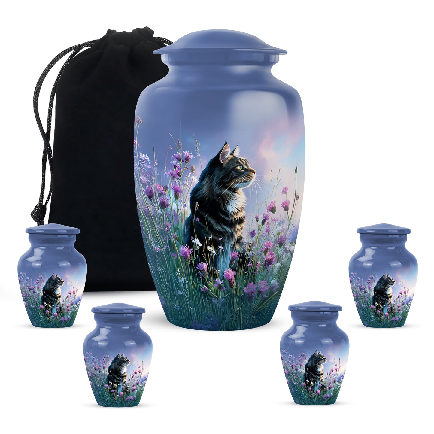 Dusty Blue Cat Cremation Urn top-down view of secure threaded lid - timeless cat motif etched into premium metal - memorial set with one large and four small urns
