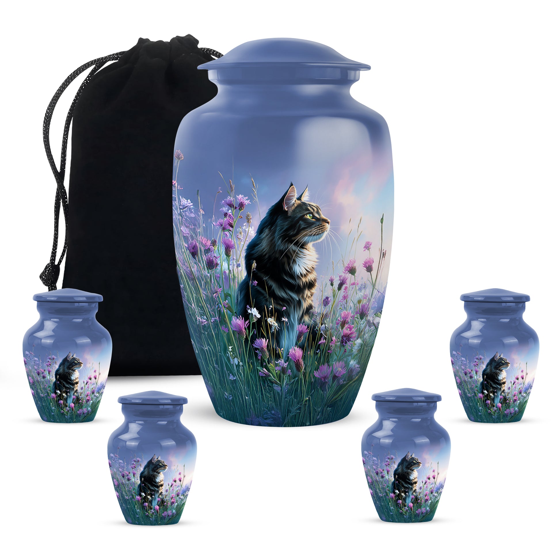 Dusty Blue Cat Cremation Urn top-down view of secure threaded lid - timeless cat motif etched into premium metal - memorial set with one large and four small urns