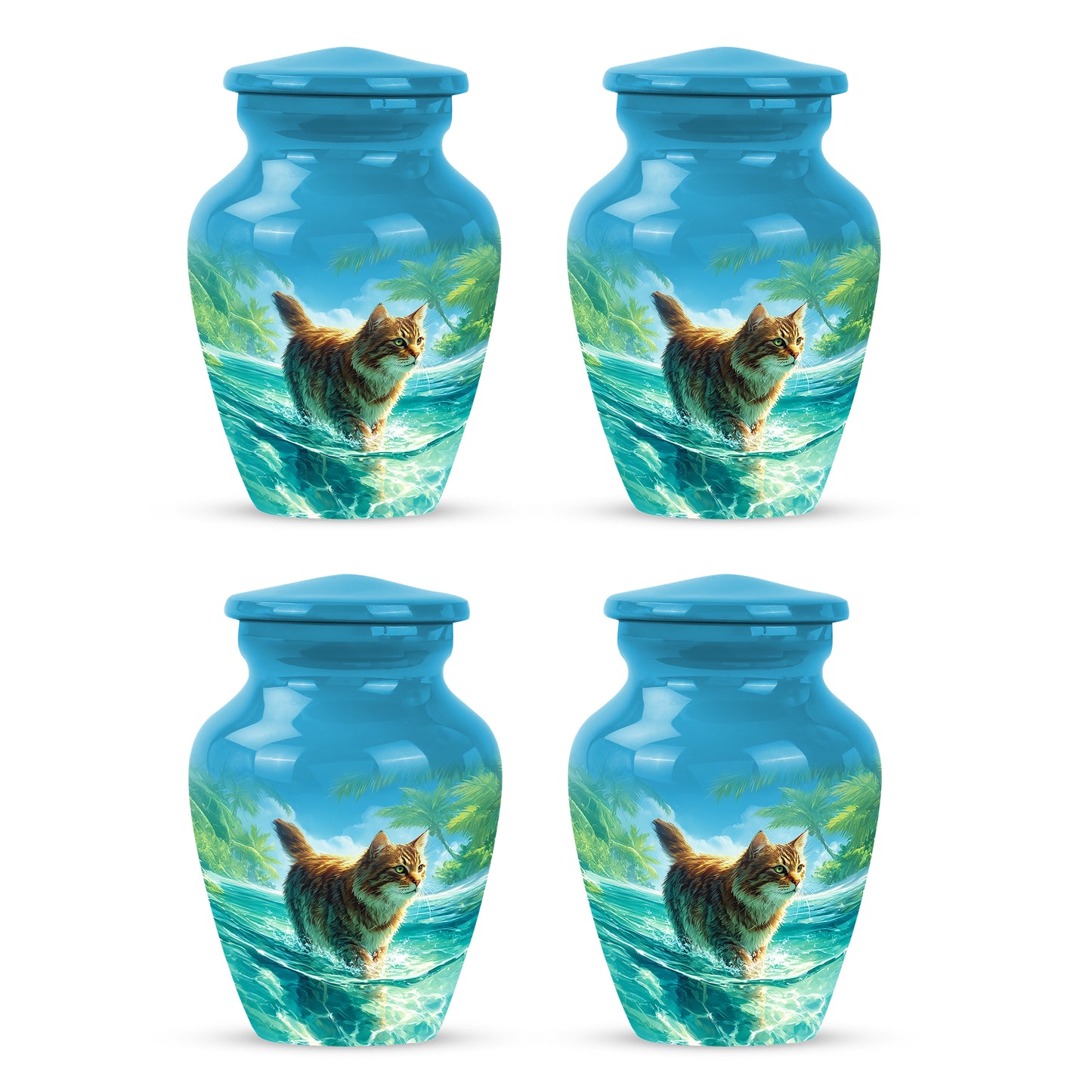 Sky Blue Cat Cremation Urn side profile showing urn shape - classic sculpted cat pattern on smooth aluminum - 10 inch aluminum urn for cremated remains