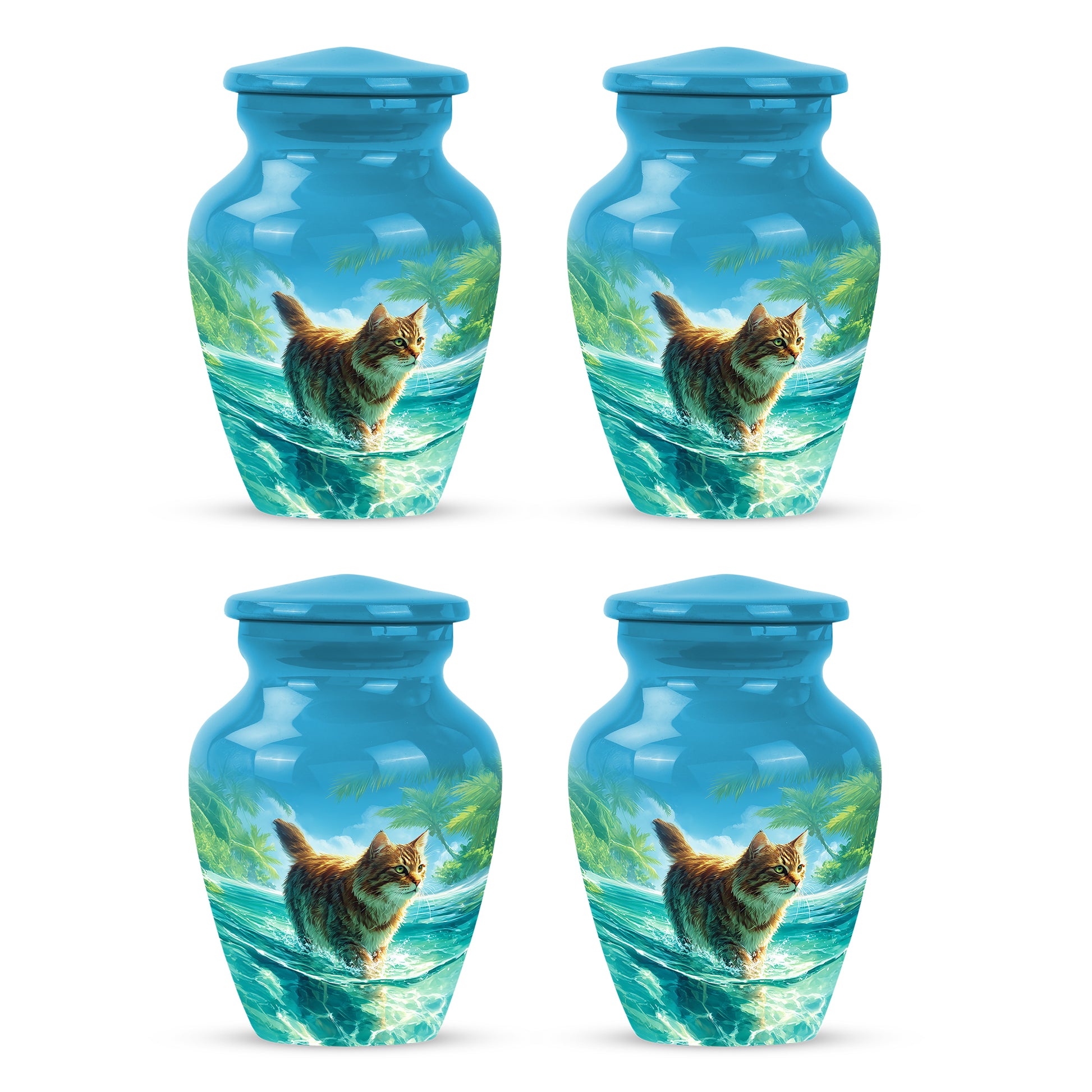 Sky Blue Cat Cremation Urn side profile showing urn shape - classic sculpted cat pattern on smooth aluminum - 10 inch aluminum urn for cremated remains