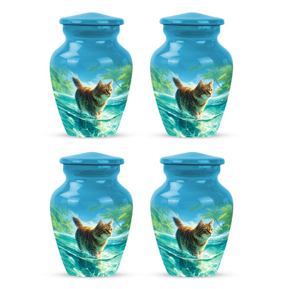 Sky Blue Cat Cremation Urn side profile showing urn shape - classic sculpted cat pattern on smooth aluminum - 10 inch aluminum urn for cremated remains