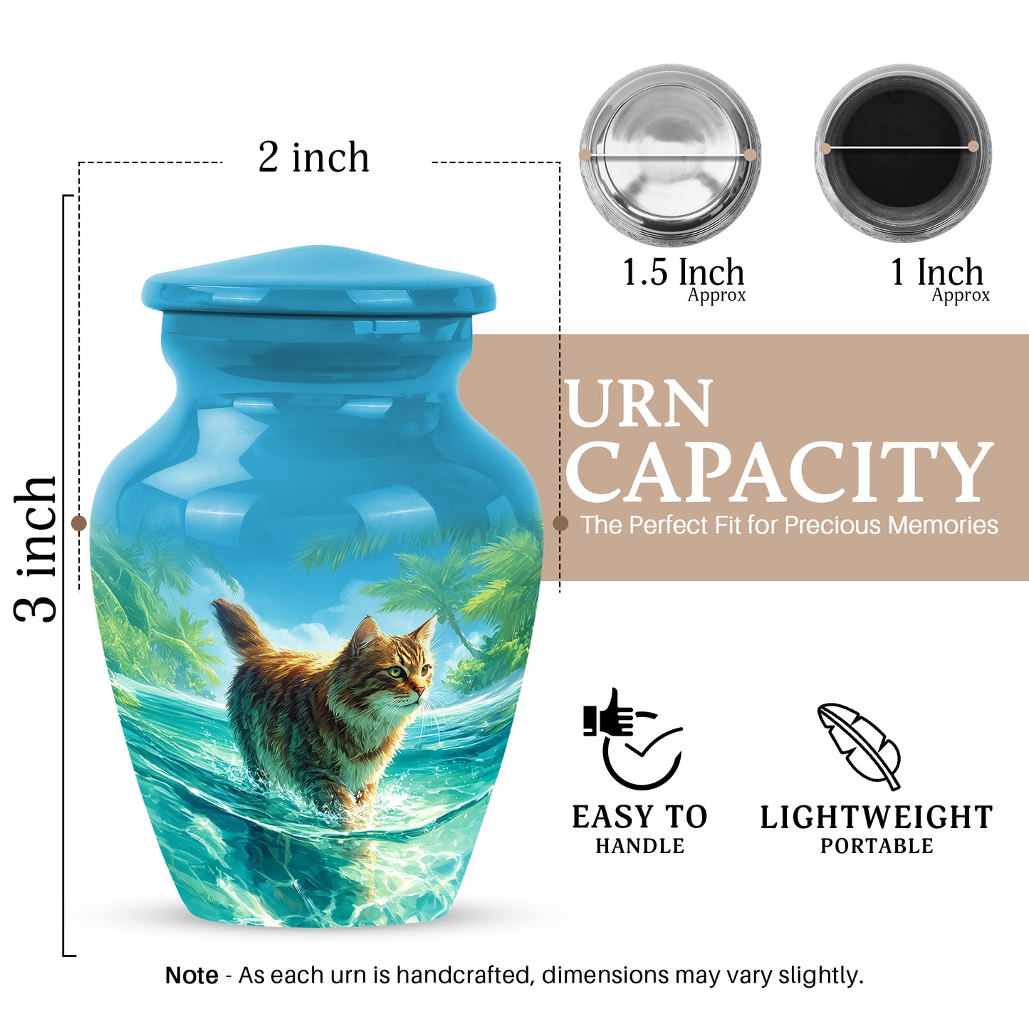Sapphire Blue Cat Cremation Urn close-up of engraving and surface detail - elegant classic cat relief with fine detailing - mini keepsake memorial for portion of cremation ashes