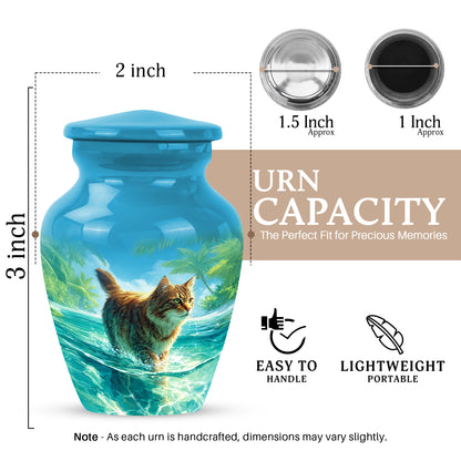 Sapphire Blue Cat Cremation Urn close-up of engraving and surface detail - elegant classic cat relief with fine detailing - mini keepsake memorial for portion of cremation ashes