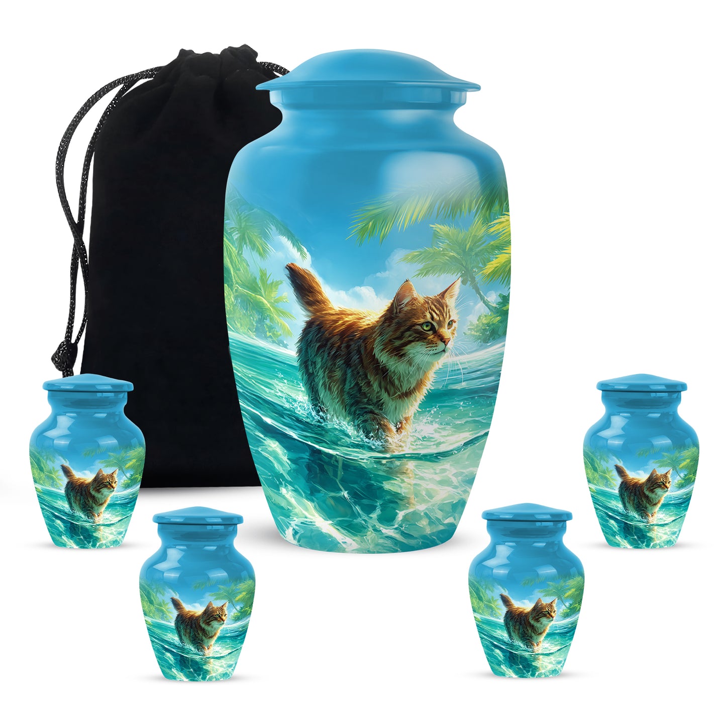 Soft Blue Cat Cremation Urn top-down view of secure threaded lid - traditional cat engraving with hand-polished finish - memorial set with one large and four small urns