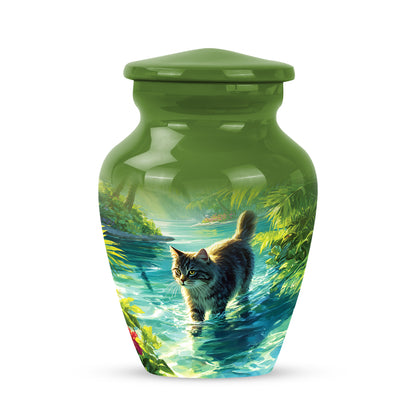 Regal Cat Memorial Cremation Urns - Green 10-inch, 200 cu in - Yatskia