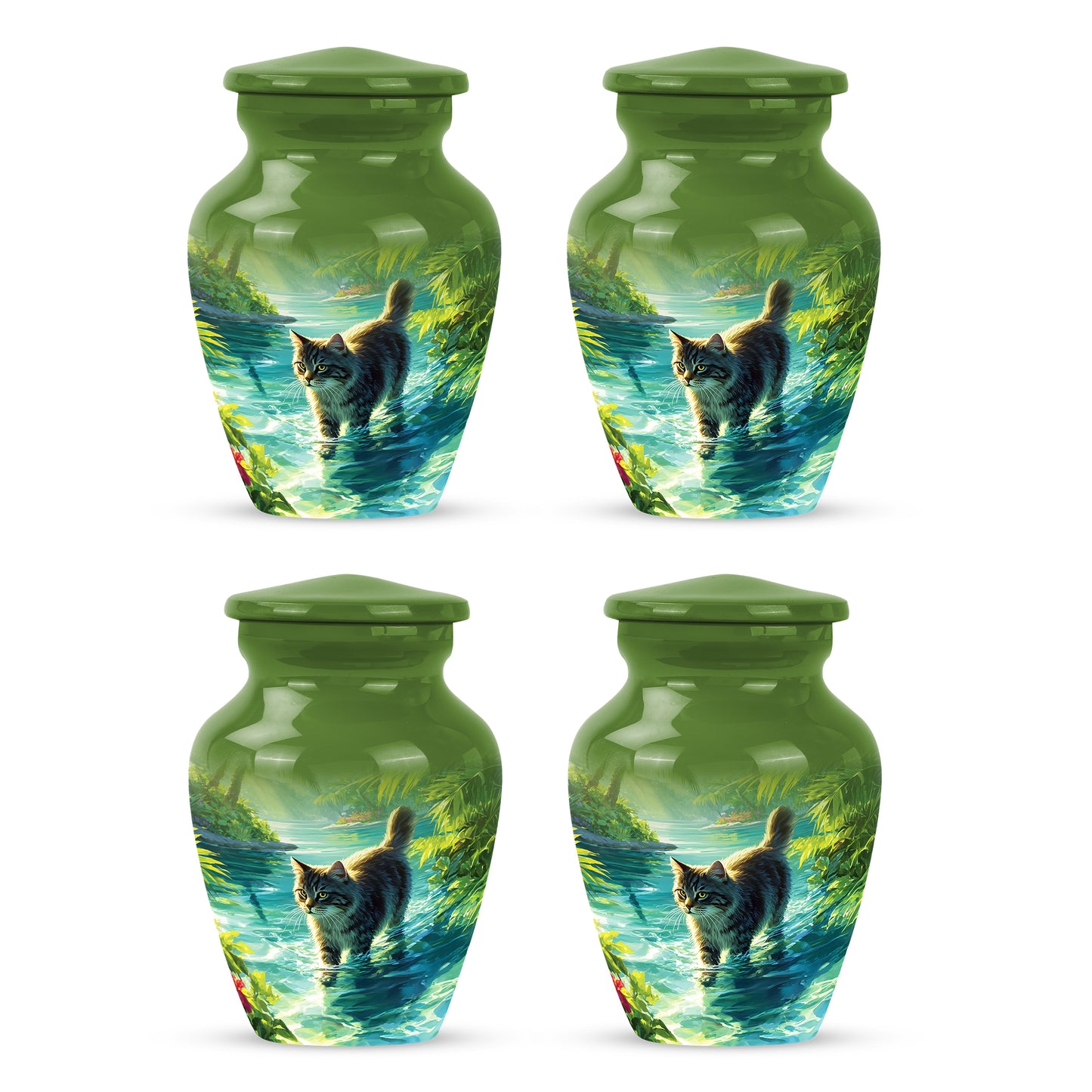 Mint Green Cat Cremation Urn side profile showing urn shape - elegant classic cat relief with fine detailing - 10 inch aluminum urn for cremated remains