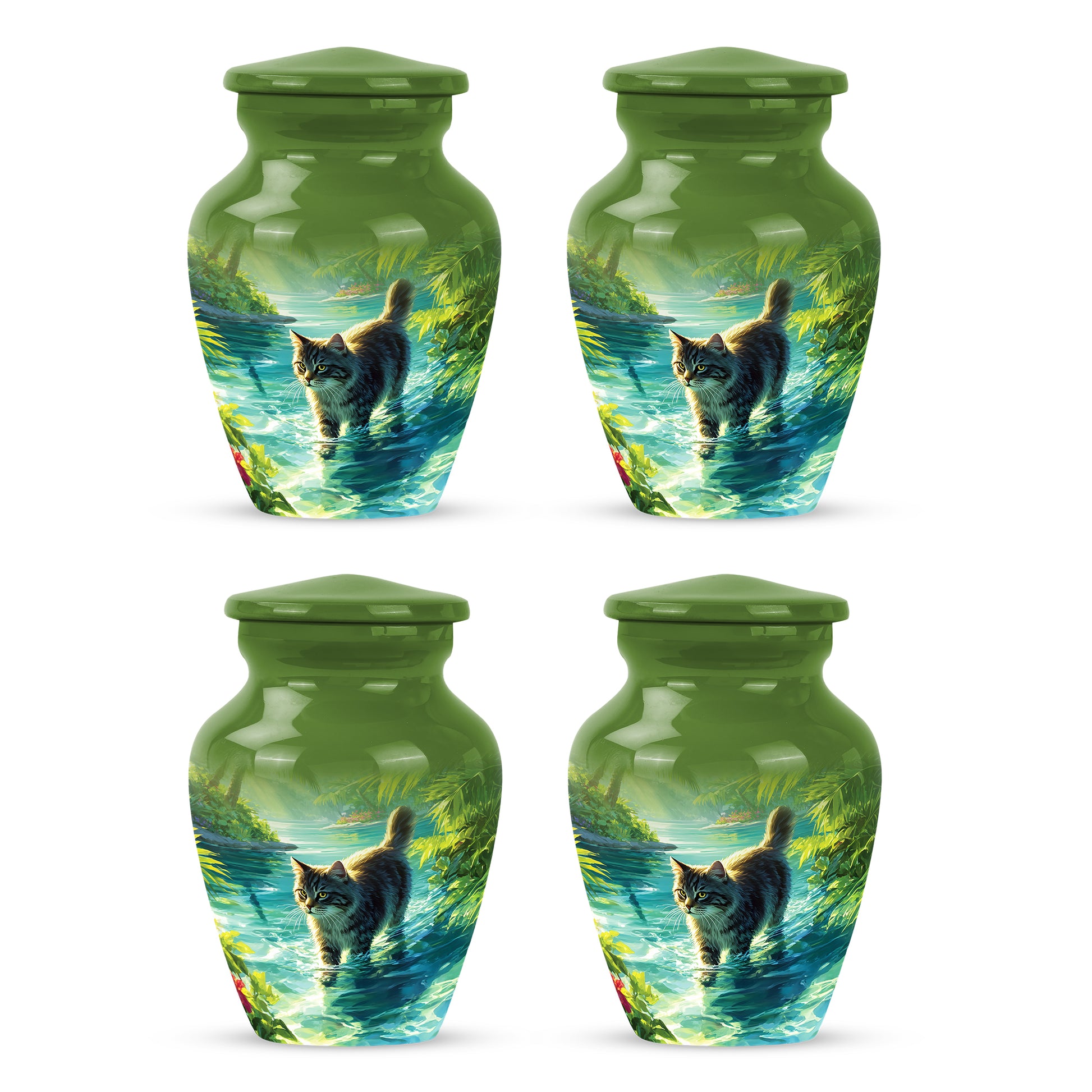 Mint Green Cat Cremation Urn side profile showing urn shape - elegant classic cat relief with fine detailing - 10 inch aluminum urn for cremated remains