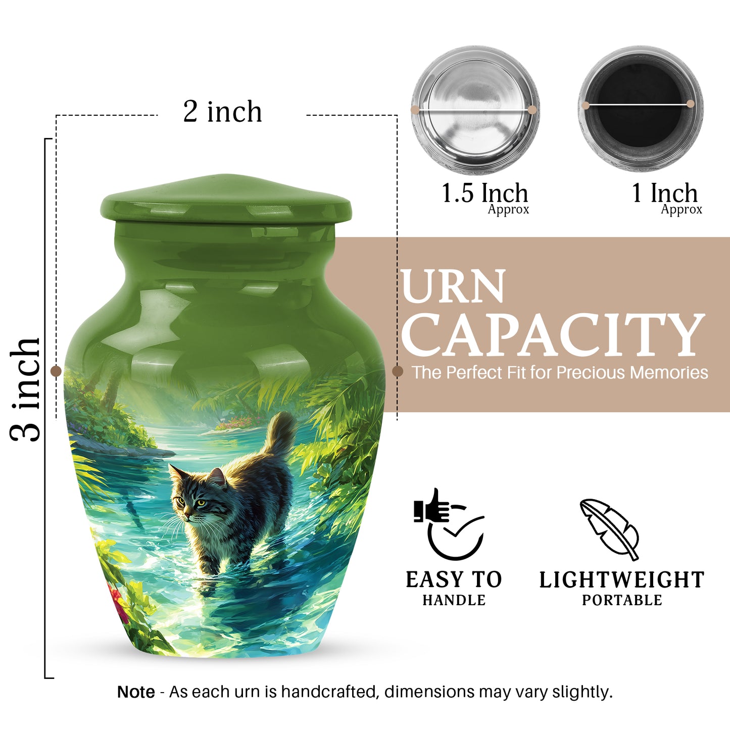 Verdant Green Cat Cremation Urn close-up of engraving and surface detail - timeless cat motif etched into premium metal - mini keepsake memorial for portion of cremation ashes