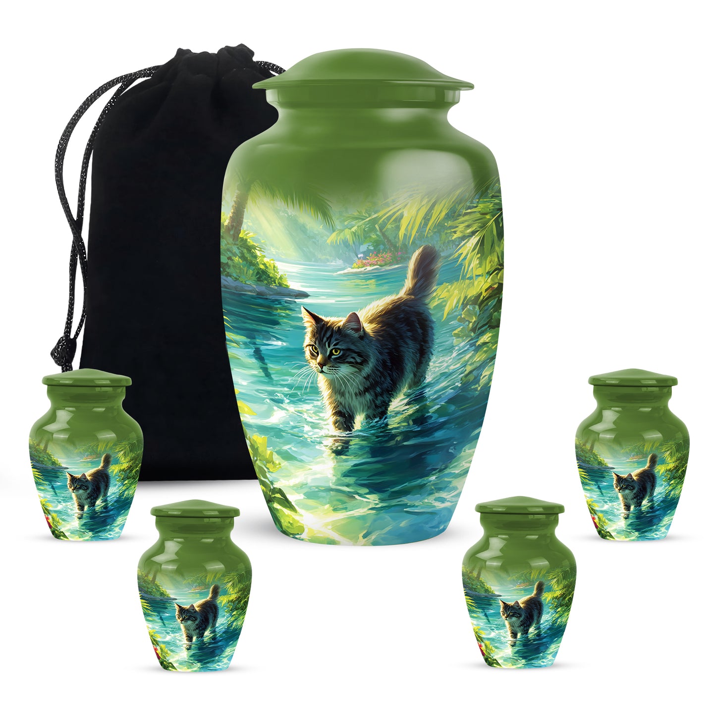 Jade Green Cat Cremation Urn top-down view of secure threaded lid - classic sculpted cat pattern on smooth aluminum - memorial set with one large and four small urns