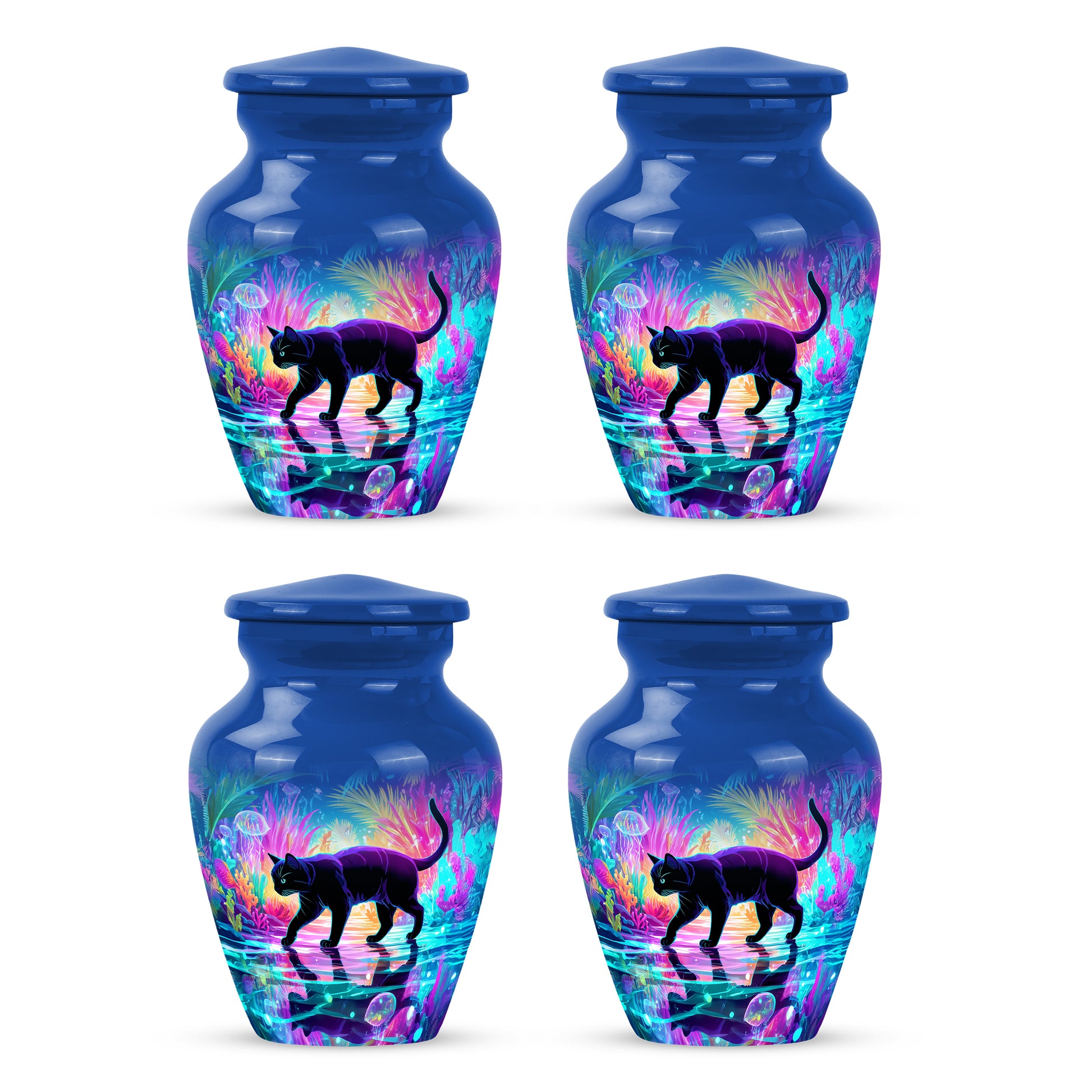 Celestial Blue Cat Cremation Urn side profile showing urn shape - timeless cat motif etched into premium metal - 10 inch aluminum urn for cremated remains