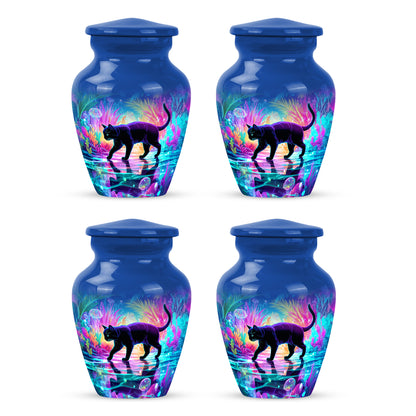 Celestial Blue Cat Cremation Urn side profile showing urn shape - timeless cat motif etched into premium metal - 10 inch aluminum urn for cremated remains