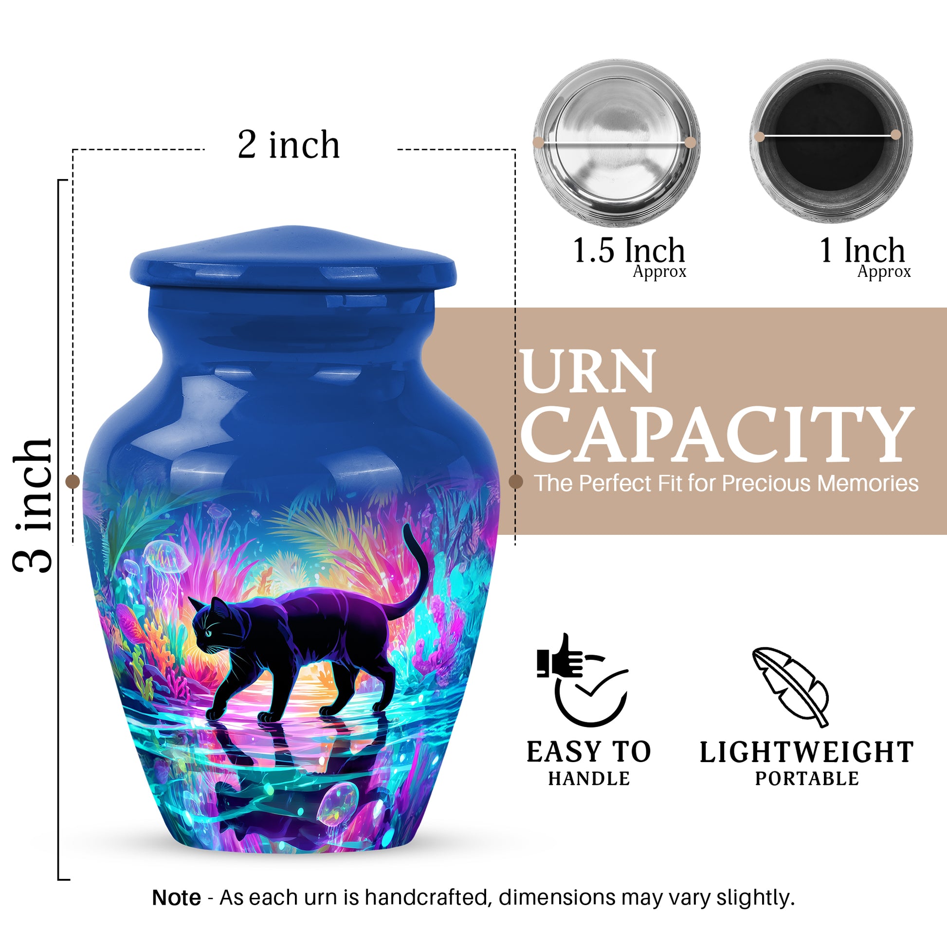 Indigo Cat Cremation Urn close-up of engraving and surface detail - timeless cat motif etched into premium metal - mini keepsake memorial for portion of cremation ashes