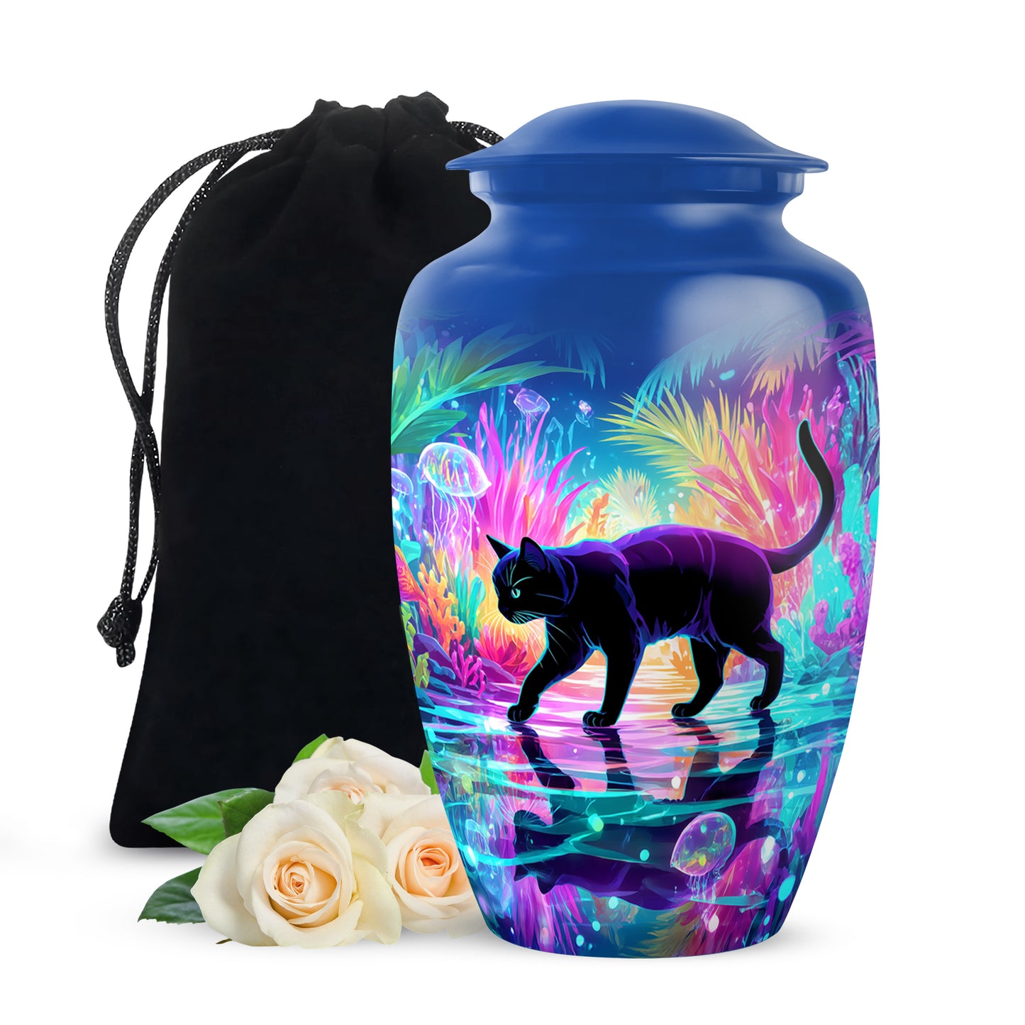 Pastel Blue Cat Cremation Urn angled view of lid and engraved motif - classic sculpted cat pattern on smooth aluminum - full-size 10 inch 200 cubic inch adult cremation urn