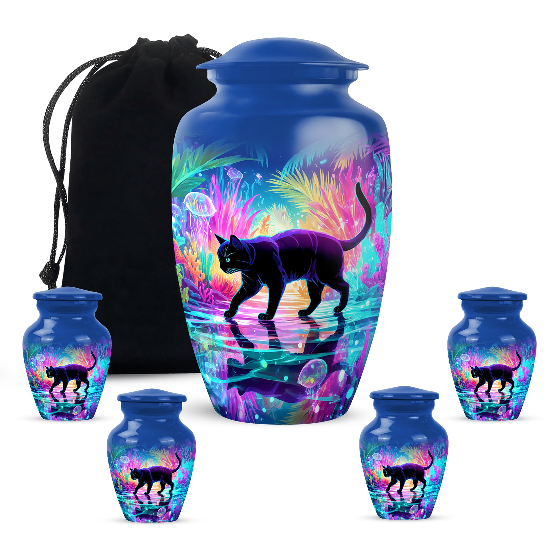 Celestial Blue Cat Cremation Urn top-down view of secure threaded lid - timeless cat motif etched into premium metal - memorial set with one large and four small urns