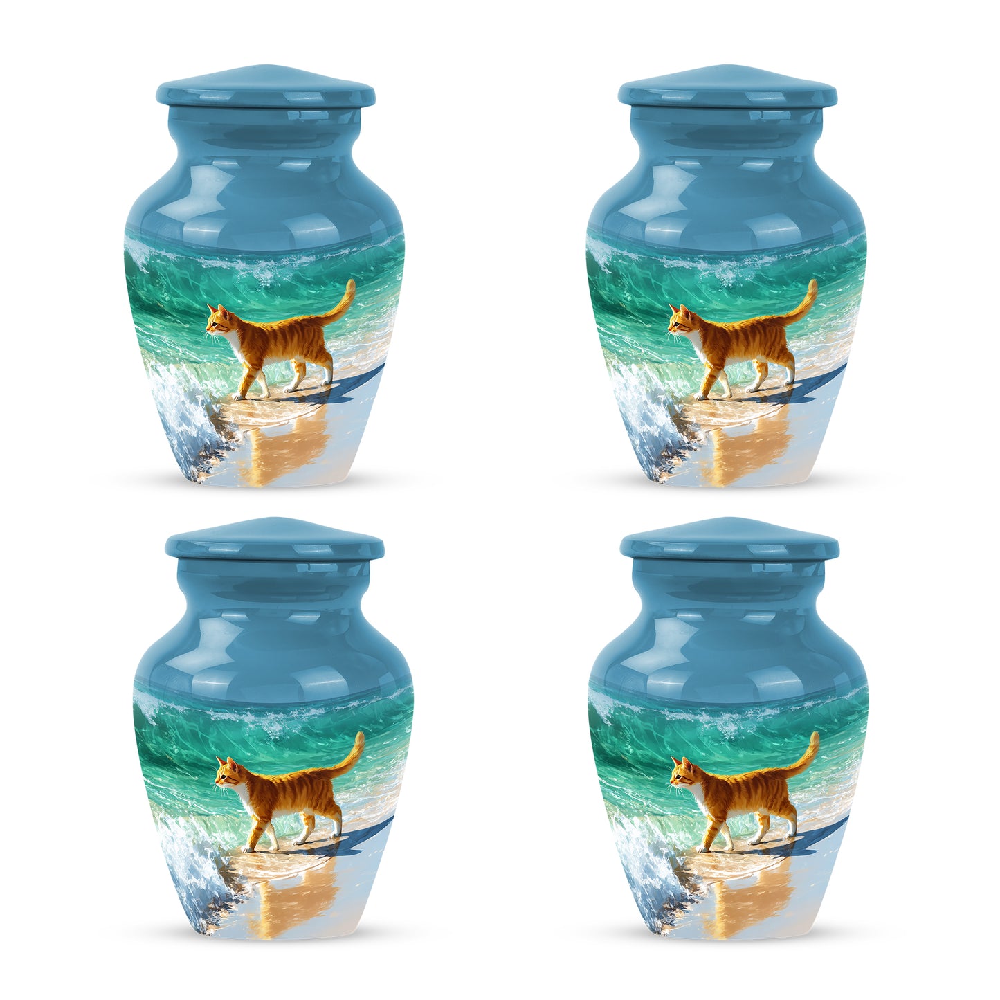 Icy Blue Cat Cremation Urn side profile showing urn shape - timeless cat motif etched into premium metal - 10 inch aluminum urn for cremated remains