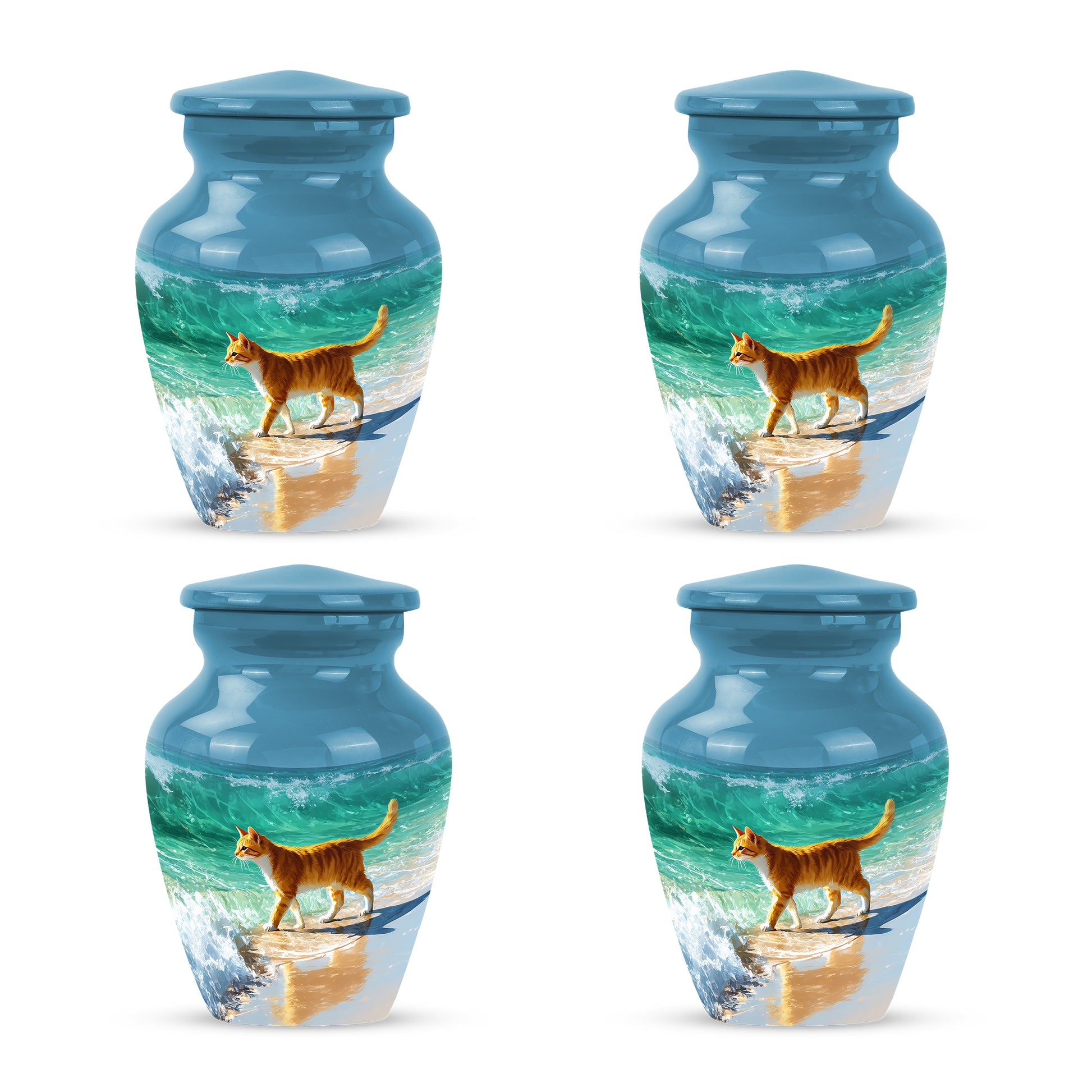 Icy Blue Cat Cremation Urn side profile showing urn shape - timeless cat motif etched into premium metal - 10 inch aluminum urn for cremated remains