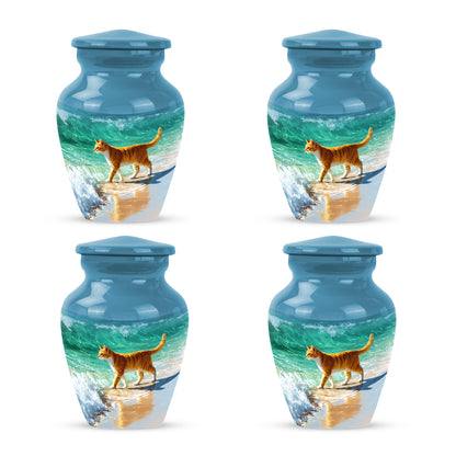 Icy Blue Cat Cremation Urn side profile showing urn shape - timeless cat motif etched into premium metal - 10 inch aluminum urn for cremated remains