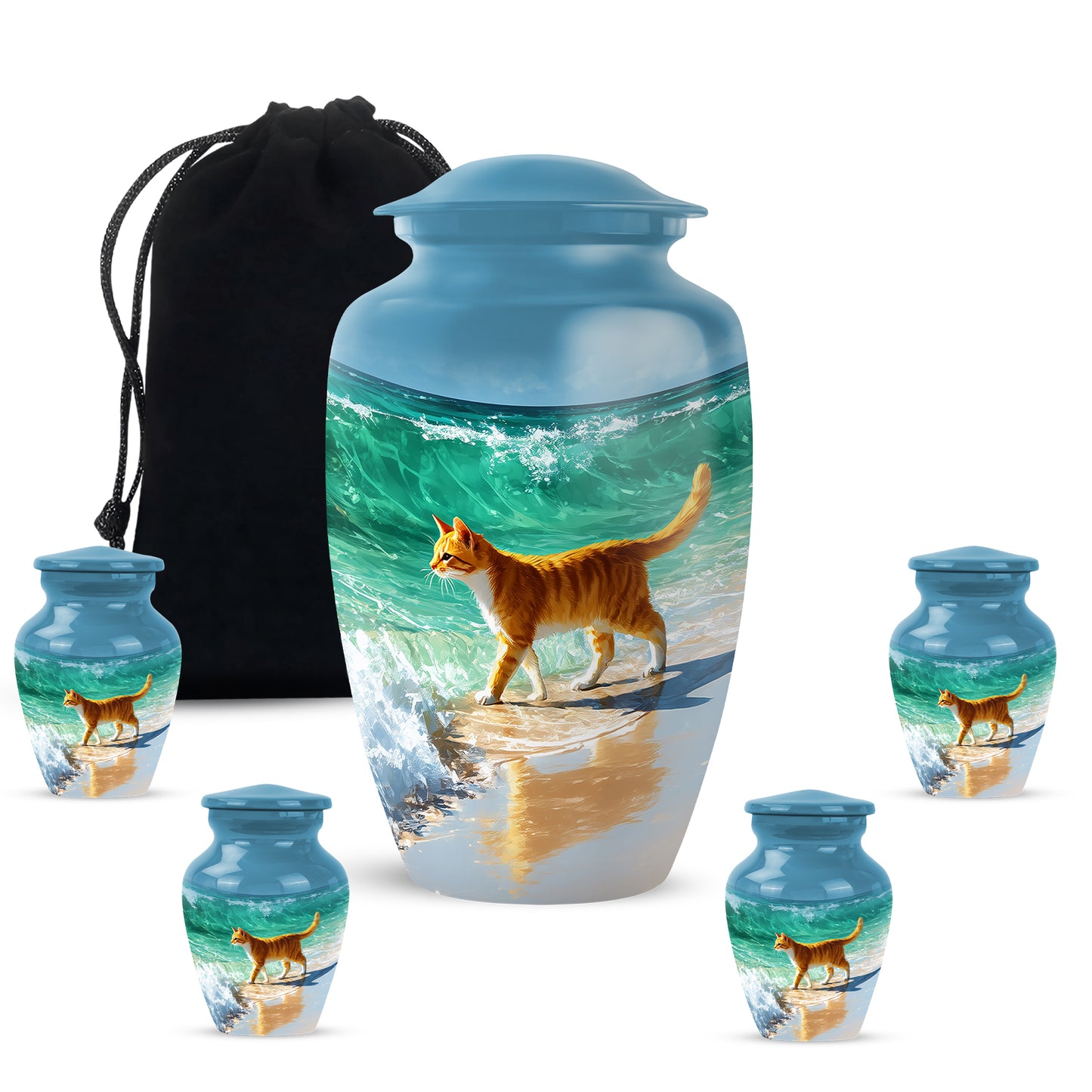 Sky Blue Cat Cremation Urn top-down view of secure threaded lid - timeless cat motif etched into premium metal - memorial set with one large and four small urns