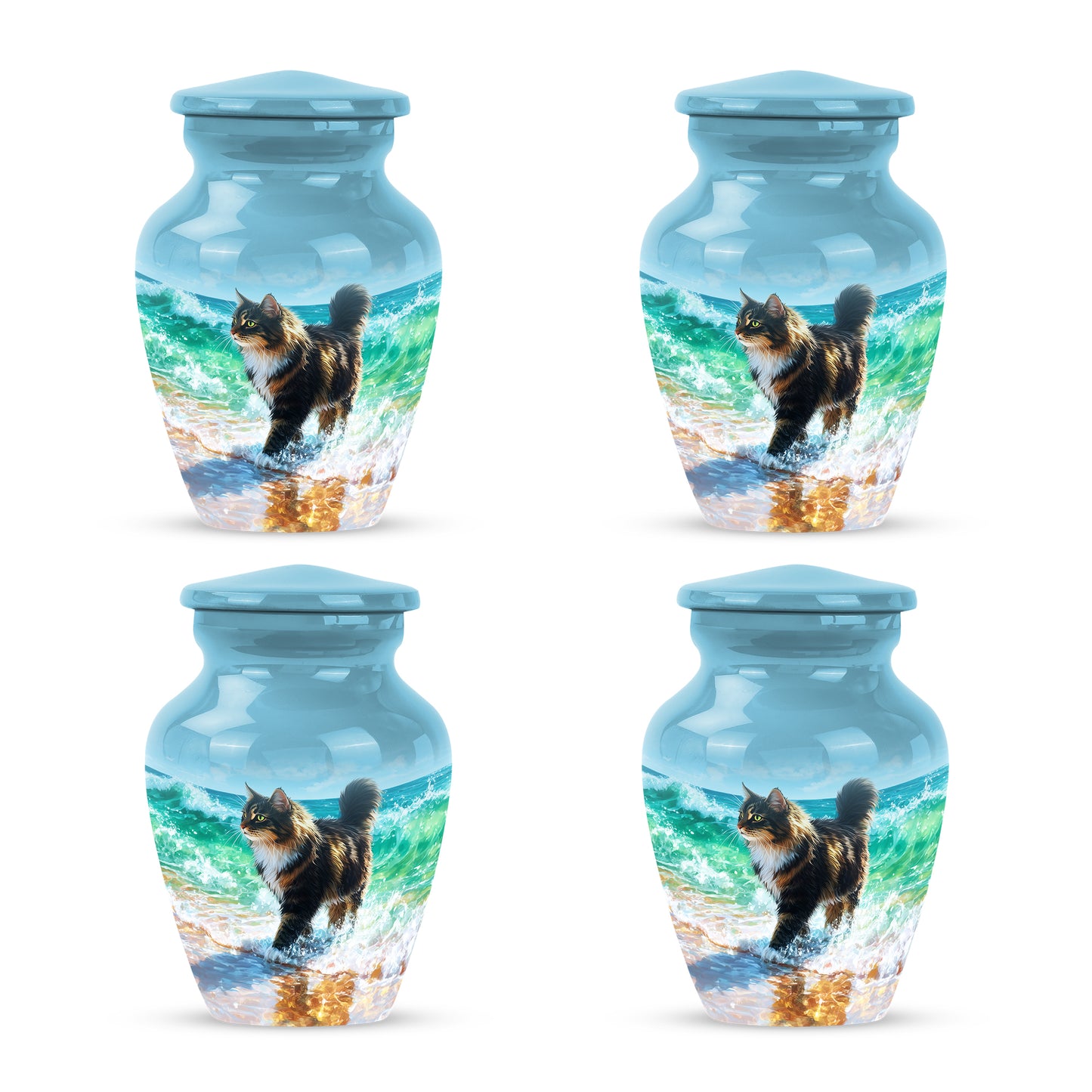 Powder Blue Cat Cremation Urn side profile showing urn shape - classic sculpted cat pattern on smooth aluminum - 10 inch aluminum urn for cremated remains