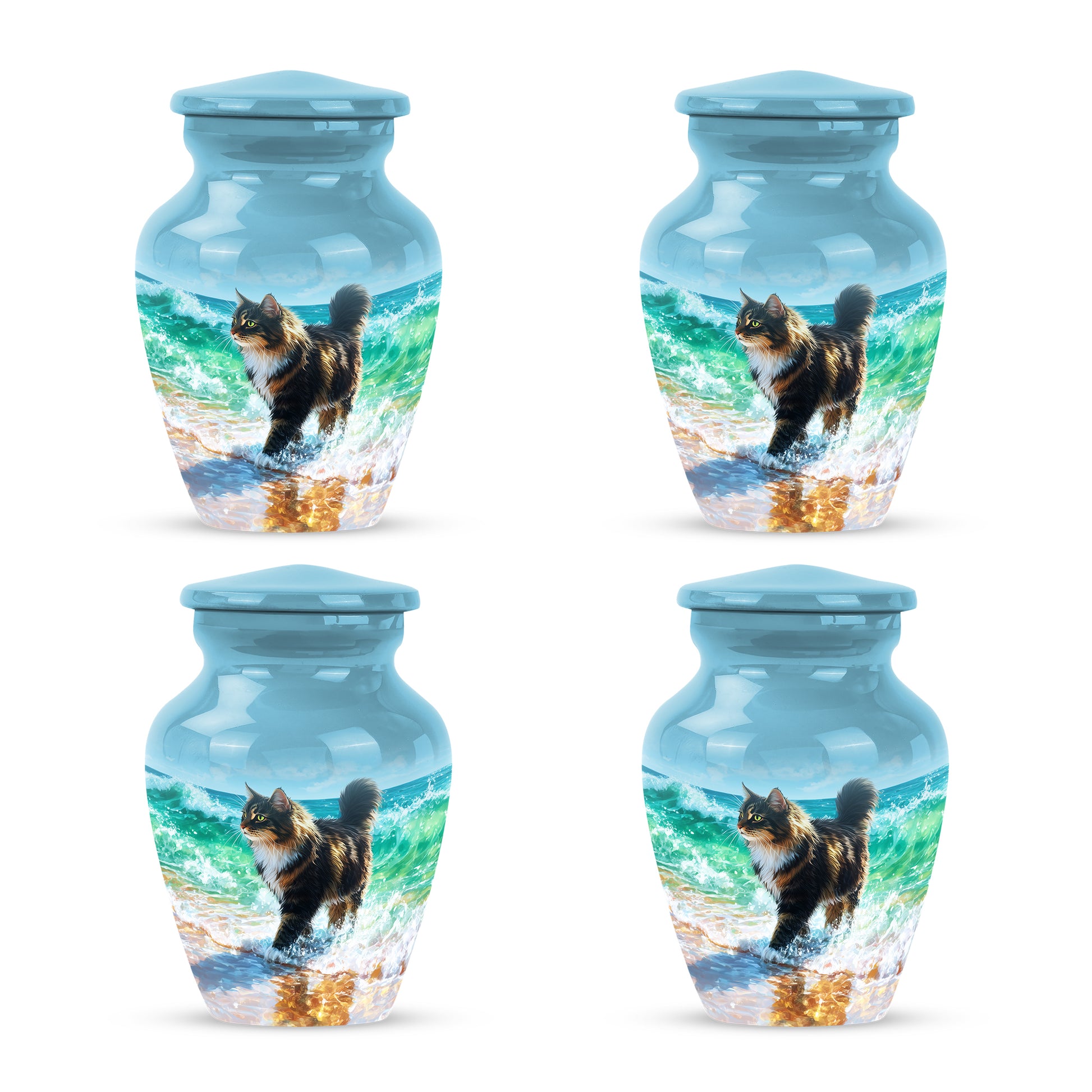 Powder Blue Cat Cremation Urn side profile showing urn shape - classic sculpted cat pattern on smooth aluminum - 10 inch aluminum urn for cremated remains
