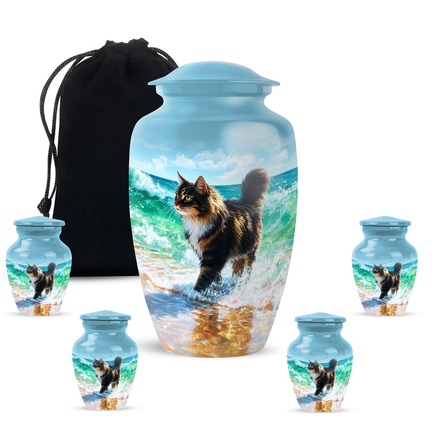 Cobalt Blue Cat Cremation Urn top-down view of secure threaded lid - elegant classic cat relief with fine detailing - memorial set with one large and four small urns