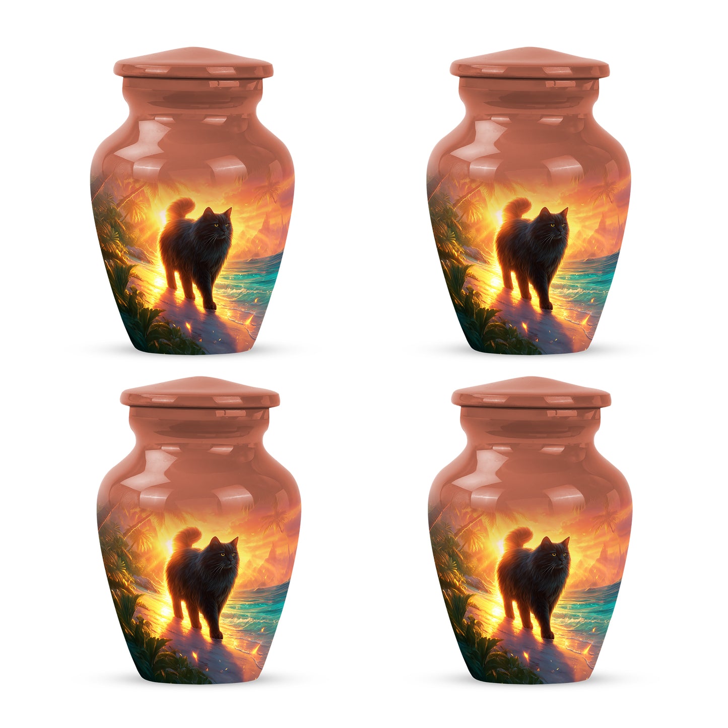 Garnet Red Cat Cremation Urn side profile showing urn shape - classic sculpted cat pattern on smooth aluminum - 10 inch aluminum urn for cremated remains
