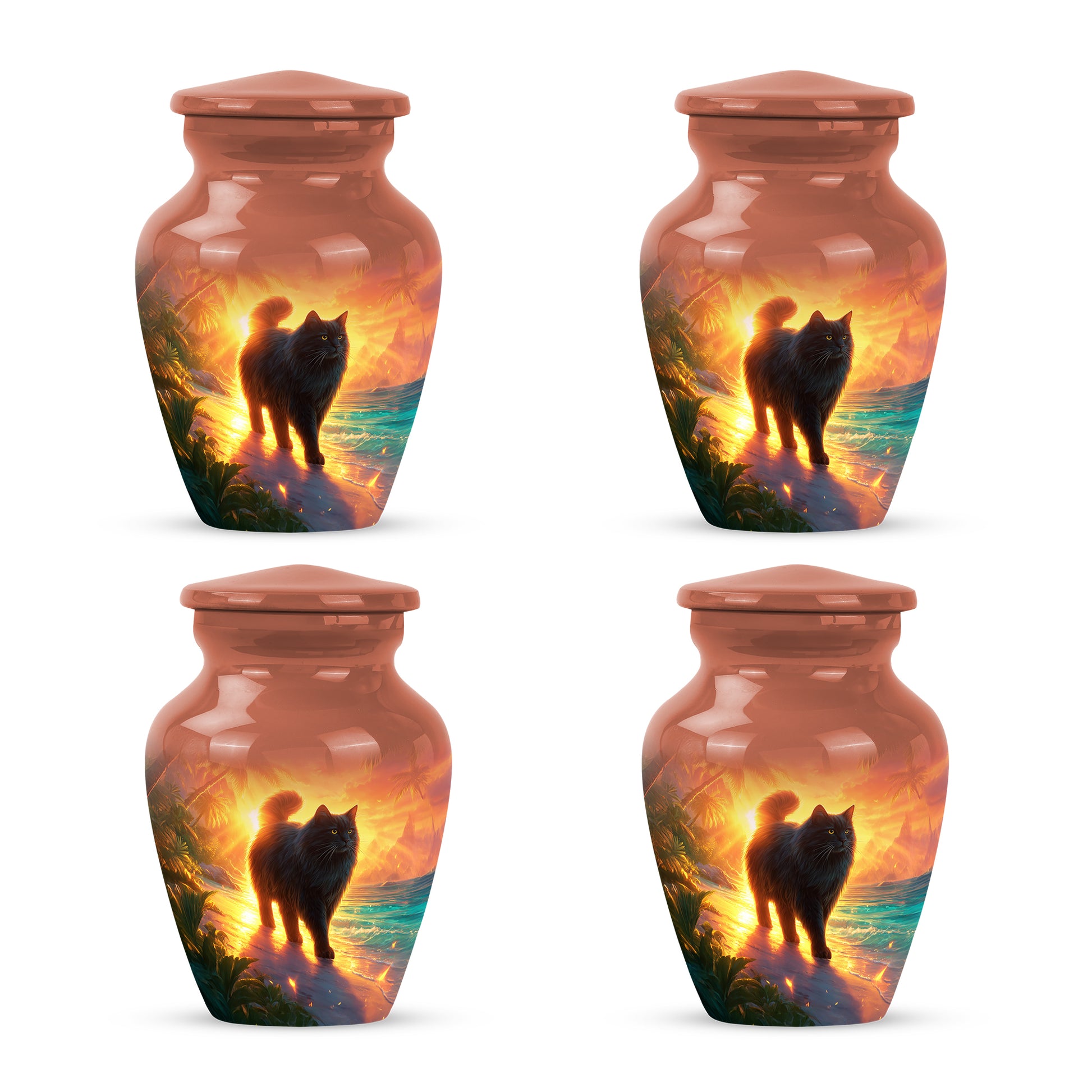 Garnet Red Cat Cremation Urn side profile showing urn shape - classic sculpted cat pattern on smooth aluminum - 10 inch aluminum urn for cremated remains