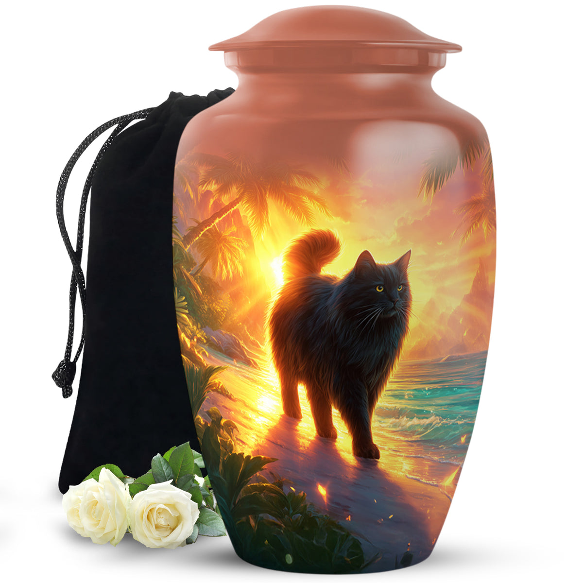 Ruby Red Cat Cremation Urn angled view of lid and engraved motif - traditional cat engraving with hand-polished finish - full-size 10 inch 200 cubic inch adult cremation urn