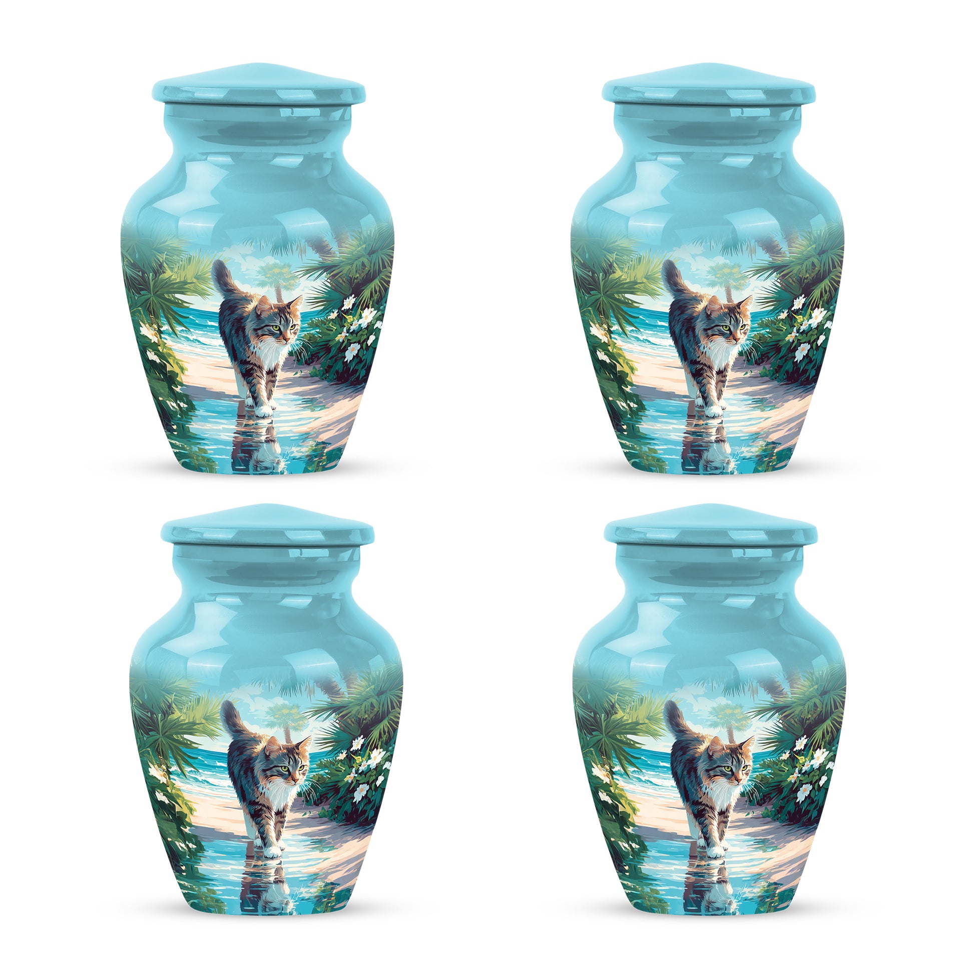 Mystic Teal Cat Cremation Urn side profile showing urn shape - elegant classic cat relief with fine detailing - 10 inch aluminum urn for cremated remains