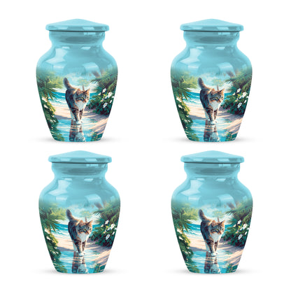 Mystic Teal Cat Cremation Urn side profile showing urn shape - elegant classic cat relief with fine detailing - 10 inch aluminum urn for cremated remains