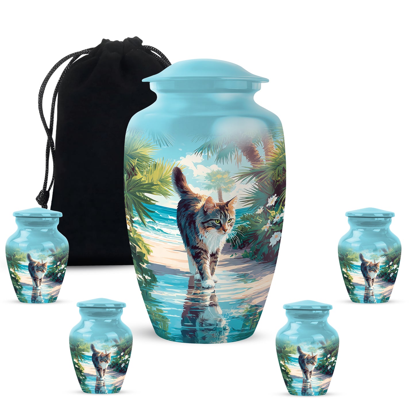 Mystic Teal Cat Cremation Urn top-down view of secure threaded lid - elegant classic cat relief with fine detailing - memorial set with one large and four small urns