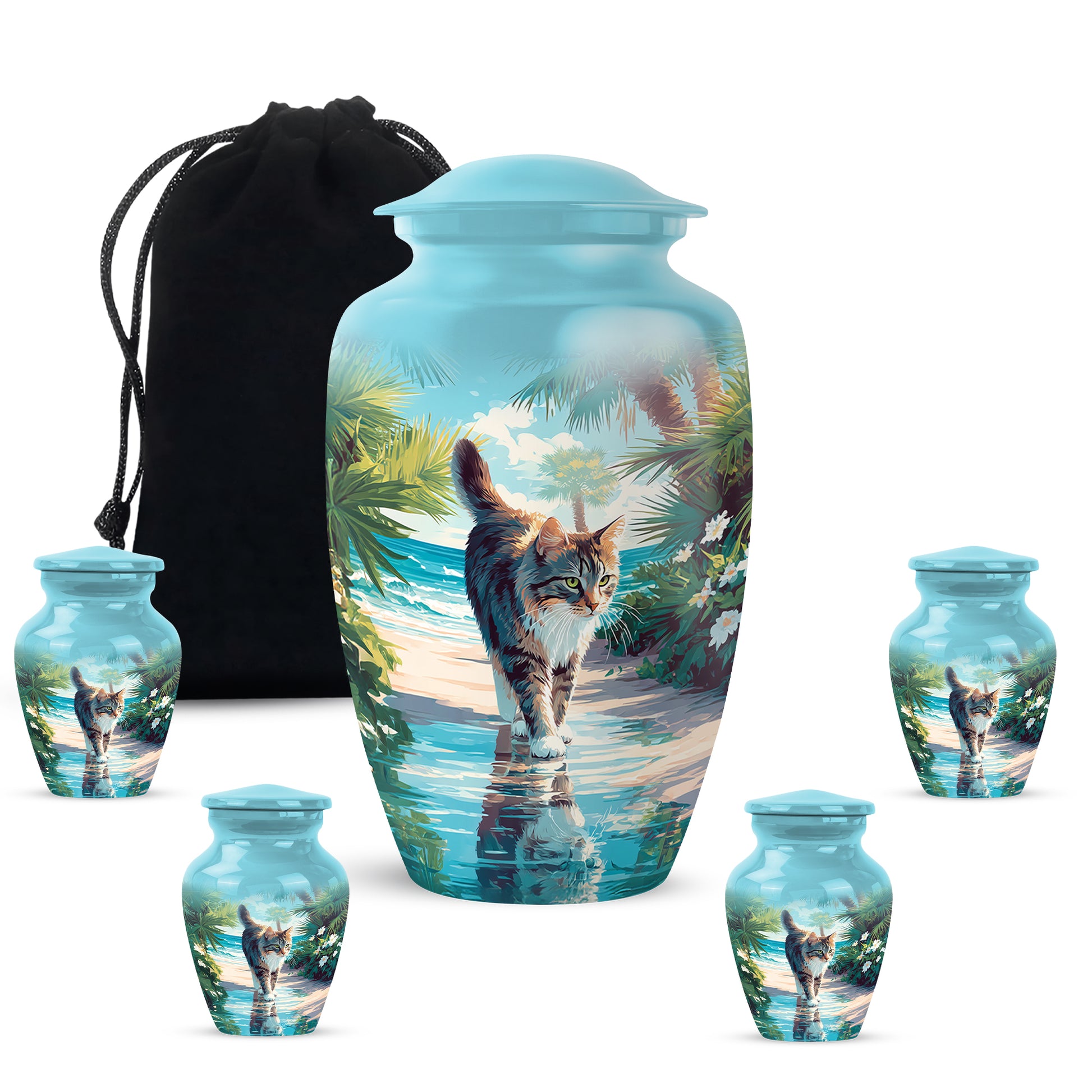 Mystic Teal Cat Cremation Urn top-down view of secure threaded lid - elegant classic cat relief with fine detailing - memorial set with one large and four small urns