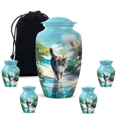 Mystic Teal Cat Cremation Urn top-down view of secure threaded lid - elegant classic cat relief with fine detailing - memorial set with one large and four small urns