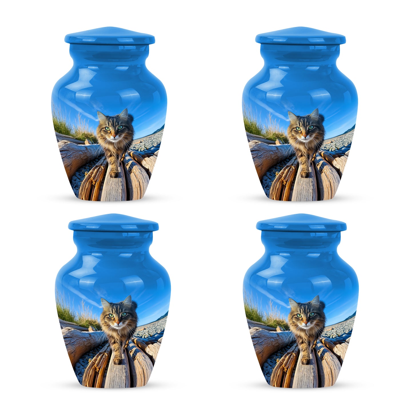 Calming Blue Cat Cremation Urn side profile showing urn shape - traditional cat engraving with hand-polished finish - 10 inch aluminum urn for cremated remains