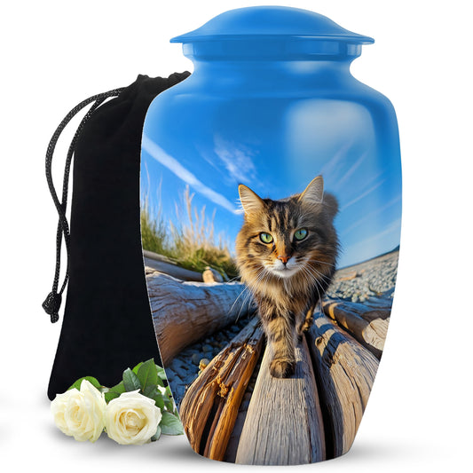 Vivid Blue Cat Cremation Urn angled view of lid and engraved motif - traditional cat engraving with hand-polished finish - full-size 10 inch 200 cubic inch adult cremation urn