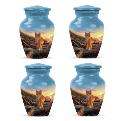 Calming Blue Cat Cremation Urn side profile showing urn shape - elegant classic cat relief with fine detailing - 10 inch aluminum urn for cremated remains