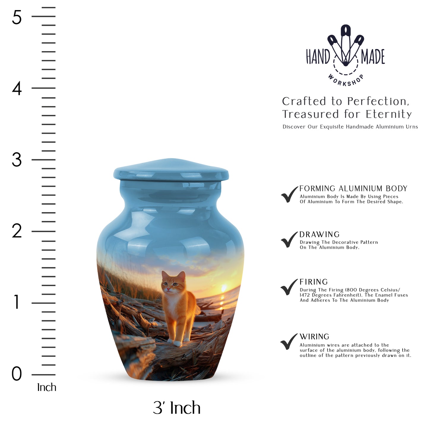 Sapphire Blue Cat Cremation Urn close-up of engraving and surface detail - traditional cat engraving with hand-polished finish - mini keepsake memorial for portion of cremation ashes