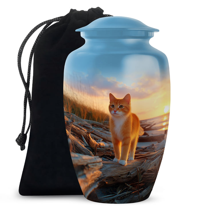 Vivid Blue Cat Cremation Urn angled view of lid and engraved motif - elegant classic cat relief with fine detailing - full-size 10 inch 200 cubic inch adult cremation urn