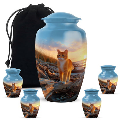 Steel Blue Cat Cremation Urn top-down view of secure threaded lid - elegant classic cat relief with fine detailing - memorial set with one large and four small urns