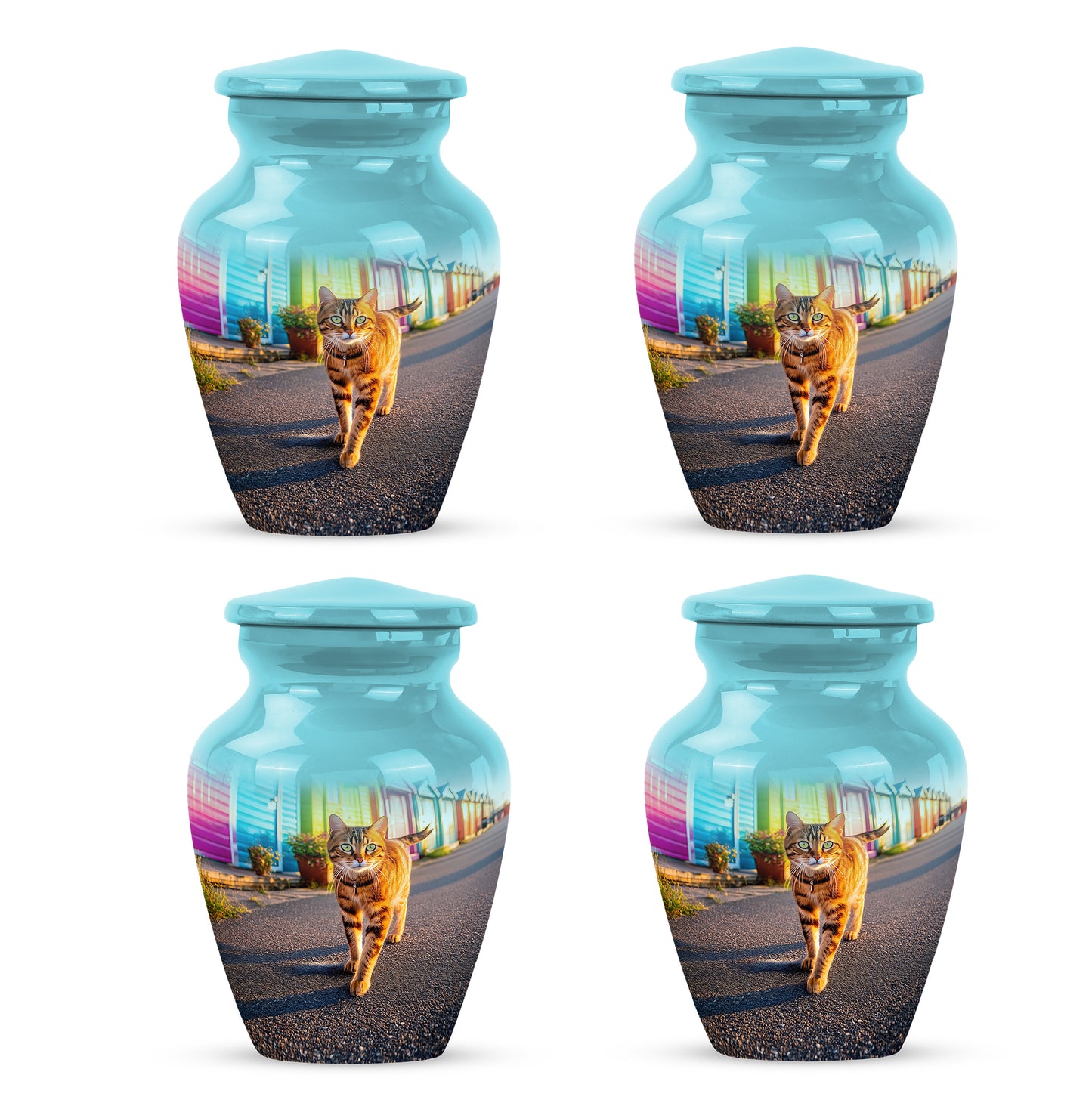 Tropical Teal Cat Cremation Urn side profile showing urn shape - elegant classic cat relief with fine detailing - 10 inch aluminum urn for cremated remains