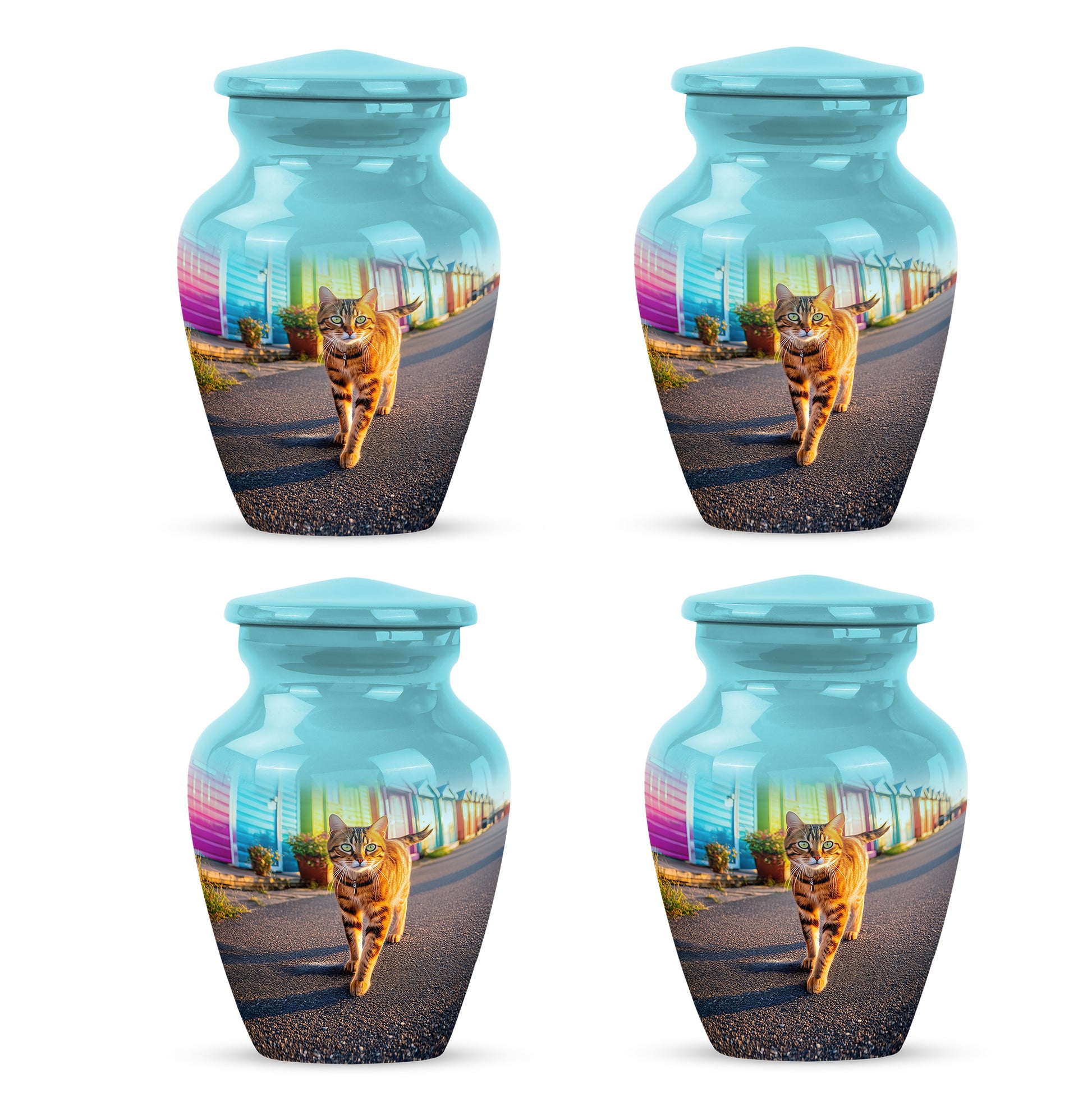 Tropical Teal Cat Cremation Urn side profile showing urn shape - elegant classic cat relief with fine detailing - 10 inch aluminum urn for cremated remains