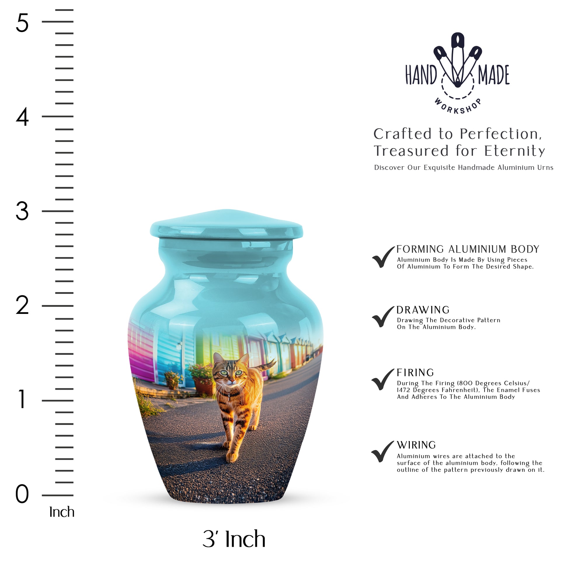 Aqua Teal Cat Cremation Urn close-up of engraving and surface detail - traditional cat engraving with hand-polished finish - mini keepsake memorial for portion of cremation ashes