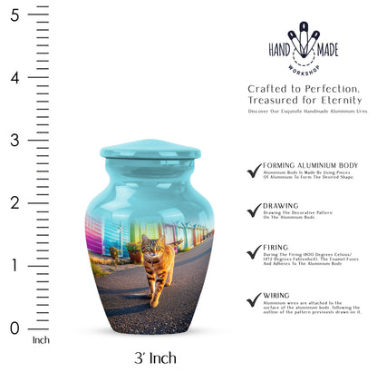 Aqua Teal Cat Cremation Urn close-up of engraving and surface detail - traditional cat engraving with hand-polished finish - mini keepsake memorial for portion of cremation ashes