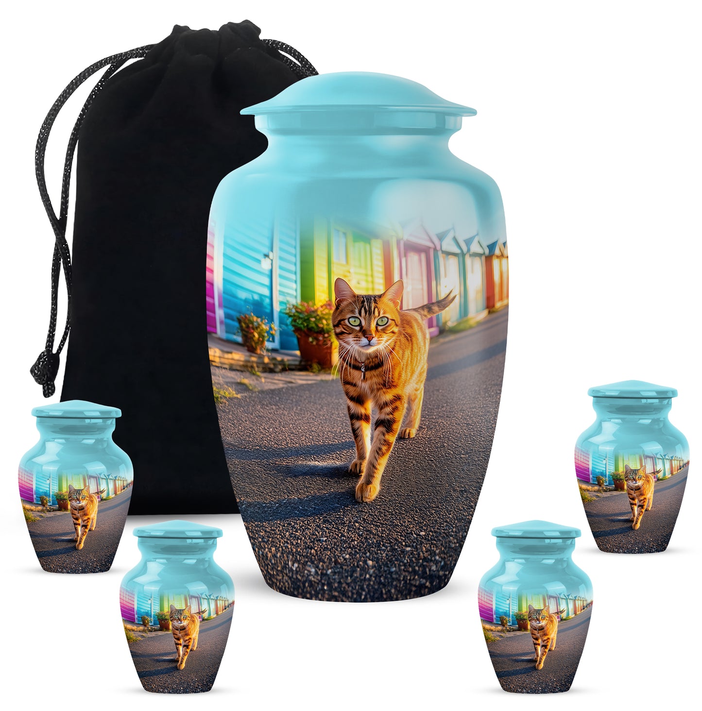 Vivid Teal Cat Cremation Urn top-down view of secure threaded lid - traditional cat engraving with hand-polished finish - memorial set with one large and four small urns