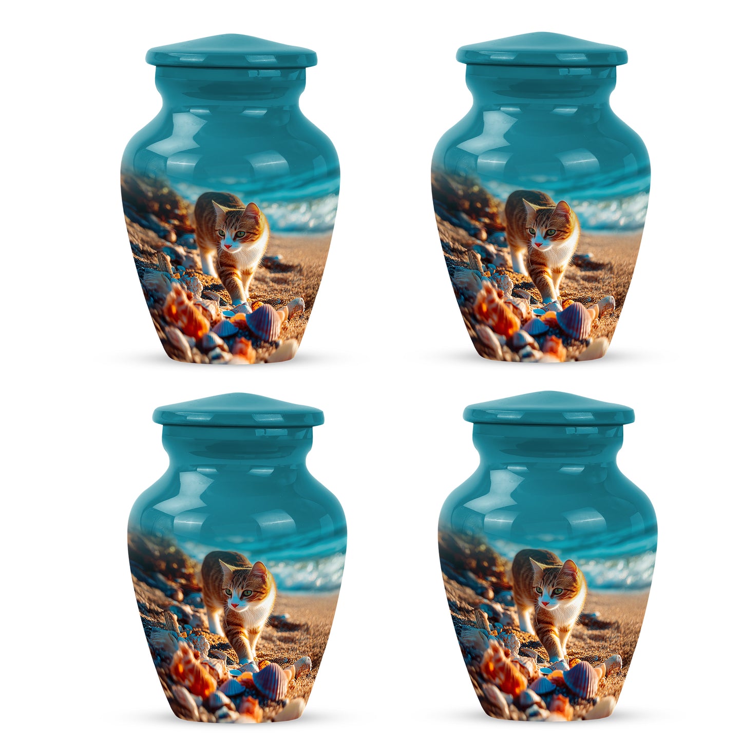 Mystic Teal Cat Cremation Urn side profile showing urn shape - traditional cat engraving with hand-polished finish - 10 inch aluminum urn for cremated remains