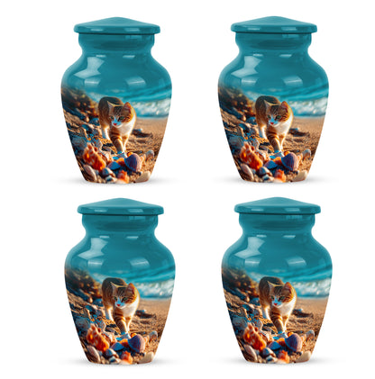 Mystic Teal Cat Cremation Urn side profile showing urn shape - traditional cat engraving with hand-polished finish - 10 inch aluminum urn for cremated remains