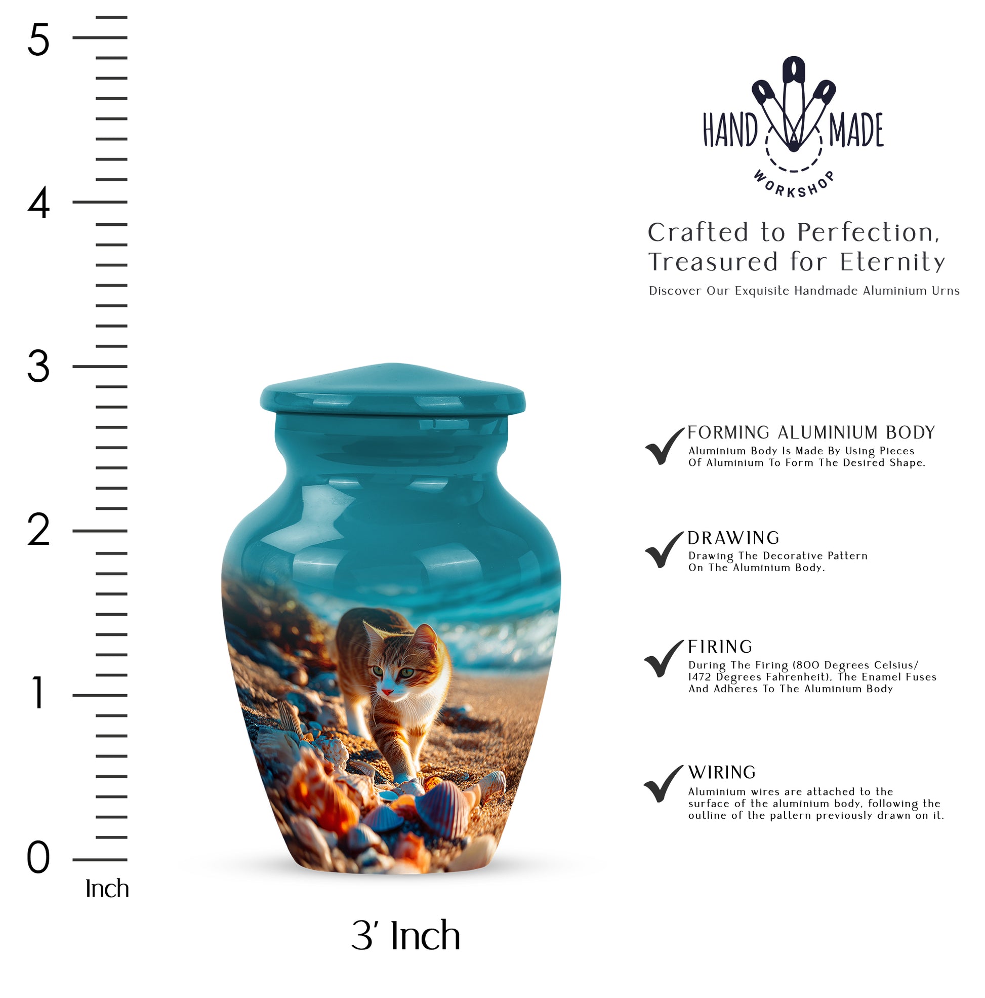 Mystic Teal Cat Cremation Urn close-up of engraving and surface detail - elegant classic cat relief with fine detailing - mini keepsake memorial for portion of cremation ashes