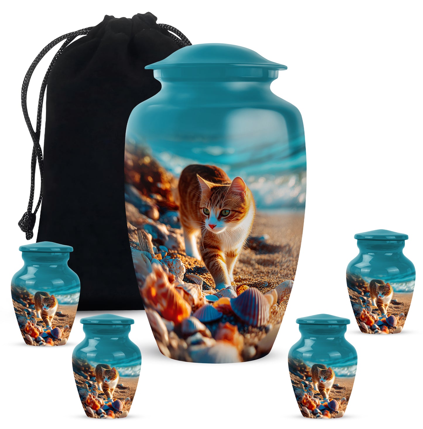 Sea Green Teal Cat Cremation Urn top-down view of secure threaded lid - classic sculpted cat pattern on smooth aluminum - memorial set with one large and four small urns